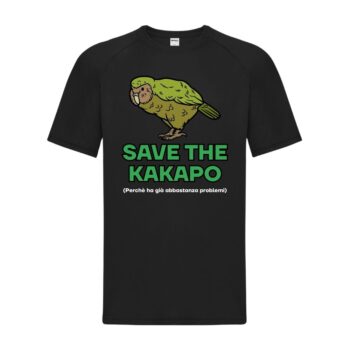 maglietta divertente nera con disegno di un kakapo e scritta "SAVE THE KAKAPO (perchè ha già abbastanza problemi)"