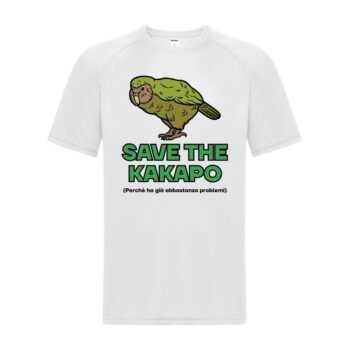 maglietta divertente bianca con disegno di un kakapo e scritta "SAVE THE KAKAPO (perchè ha già abbastanza problemi)"