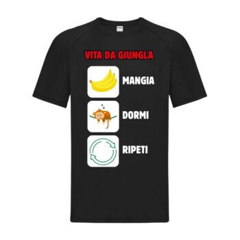 maglietta divertente nera "vita da giungla: mangia, dormi, ripeti"