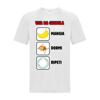 maglietta divertente bianca "vita da giungla: mangia, dormi, ripeti"