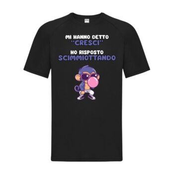 maglietta divertente nera con disegno di una scimmia e scritta "mi hanno detto cresci, ho risposto scimmiottando"