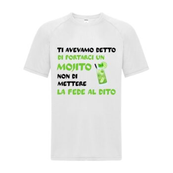 t-shirt addio al celibato bianca "ti avevamo detto di prenderci un mojito, non di mettere la fede al dito"