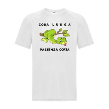 maglietta divertente bianca con disegno di un serpente e scritta "coda lunga, pazienza corta"