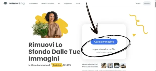 Screenshot della home page di Remove.bg, con un bottone blu etichettato 'Carica immagine' evidenziato. L'utente può caricare un'immagine per rimuoverne automaticamente lo sfondo. L'immagine include una persona sorridente con un mazzo di fiori, mentre il sito offre il servizio gratuito di rimozione dello sfondo in modo semplice e veloce.
